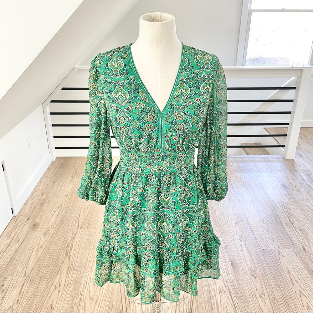 XS Max Studio London green and gold floral, print long sleeve dress